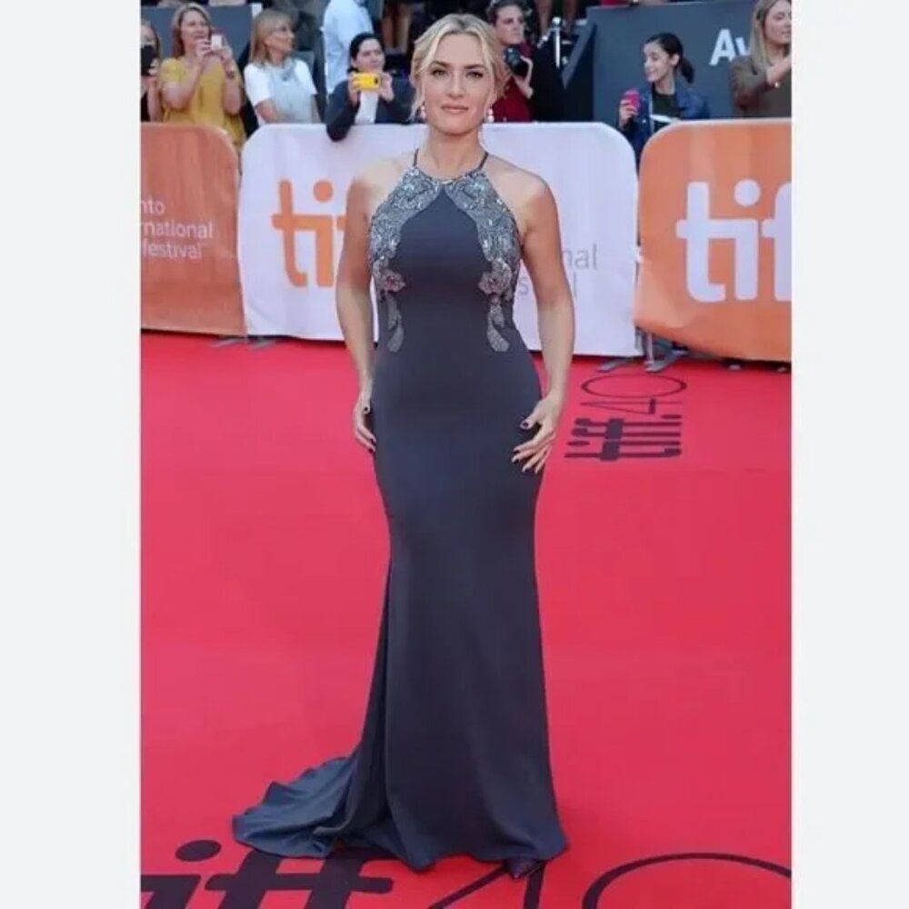 Badgley Mischka Gray Sequin Beaded Long Gown Dress